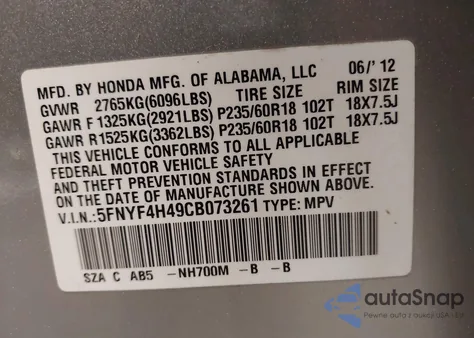 2012 Honda Pilot Ex from USA, damaged, VIN 5FNYF4H49CB073261